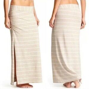 Athleta Serafina High Split Side Ruched Maxi Skirt‎ White Stripe Tan Women XS